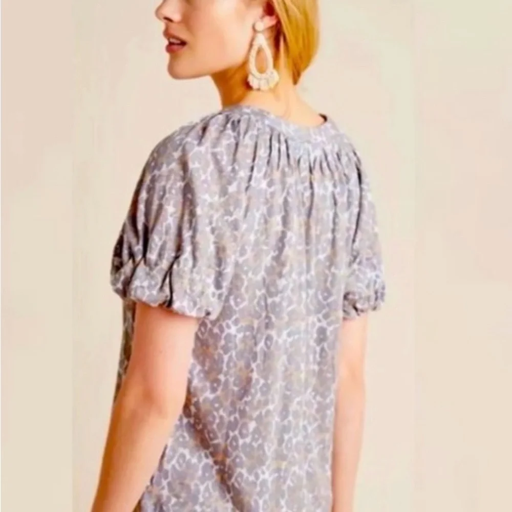 Anthropologie Maeve Linen Leopard Top Puff Sleeve